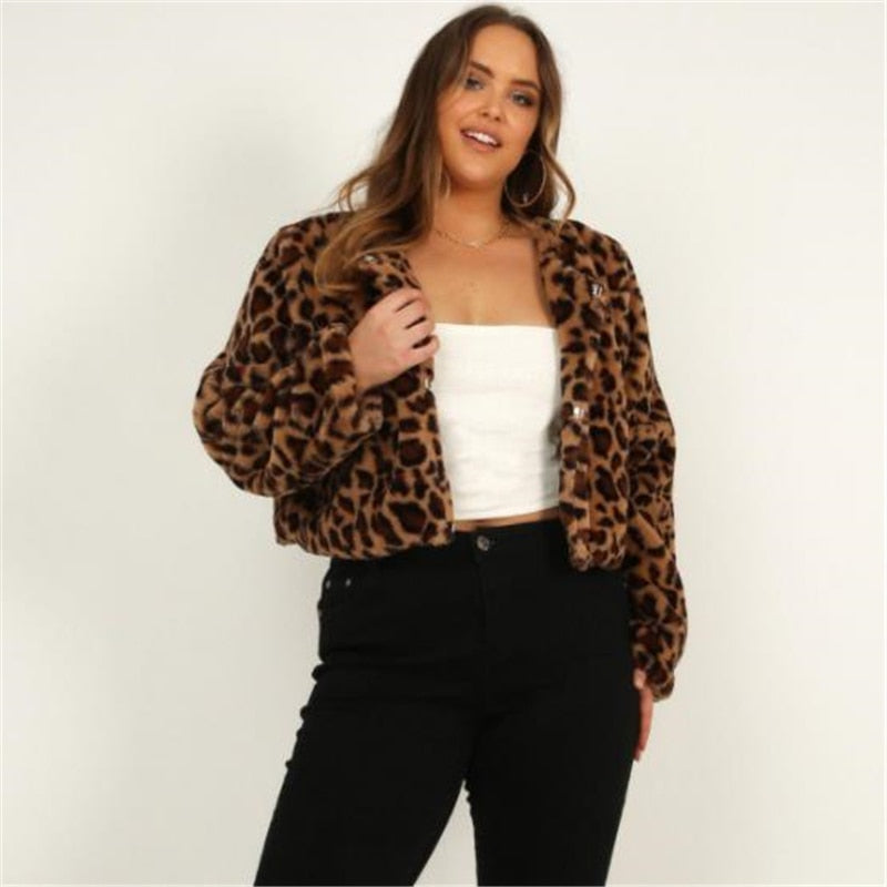 Chicmy Fashion Women Leopard Coat Long Sleeve Tops Ladies Cardigan Top Faux Fur Coat Covered Button Jackets Turn-Down Collar Clothes