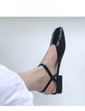 Chicmy Women's Shoes  Summer New Candy Color Flat Heel Closed Toe Ankle-Strap Buckle Patent Leather Low Heel Square Toe Sandals