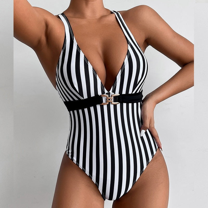 Chicmy Sexy Striped Cross Shoulder Strap One Piece Swimsuit Fashion Women Push Up Bodysuit Brazilian Deep V Neck Backless Bathing Suit