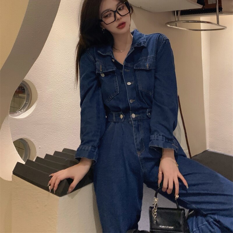 Chicmy Lady Jeans Jumpsuits Wide Leg Overalls Long Sleeve Pockets Loose Casual Trouser Female Denim One-Piece Pants Harajuku Streetwear