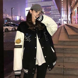 Chicmy Casual Bear Embroidery Bomber Jacket Women Round Collar Pocket Spliced Baseball Jackets Korean Style Streetwear Loose Coats