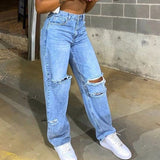 Chicmy 2XL Wide Leg Jeans Women Holes Ripped Jeans Hollow Out High Waist Zipper Fly Denim Blue Black Vintage Jeans Wide Leg Pants New
