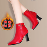 Christmas Gift Chicmy Women Wedding Boots Red 2023 New Genuine Leather Fashion Large Size 43 Women Ankle Boots Women Mid-Heel Pointed Ladies Booties