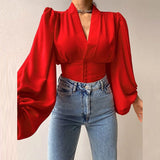 Chicmy New Women Solid Chiffon Button Shirt Blouses For Women Puff Long Sleeve Tops Women  V Neck Clothing 2023 Female Button Up Shirt