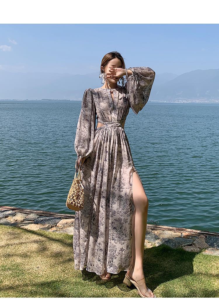 Chicmy Vintage Beach Floral Maxi Dress Women Elegant Hollow Out Korean Holiday Split Dress Female Casual Long Sleeve Fairy Party Dress