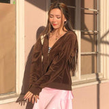 Chicmy 90S Y2K Hoodies Brown Oversized Velvet Zipper Front Long Sleeve Sweatshirts Wth Pockets Hooded Women Clothing