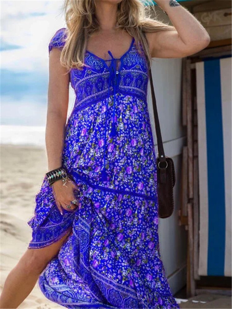 Chicmy Boho Floral Maxi Beach Dress Summer Women Lace-Up Front Short Sleeve A-Line Long Dress Vacation Party Plus Size Clothes