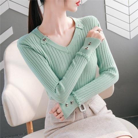 Chicmy 2023 NEW Autumn Women Sweater Knitted Long Sleeve Casual V-Neck Pullovers Slim-Fit Tops Vintage Button Office Chic Sweater