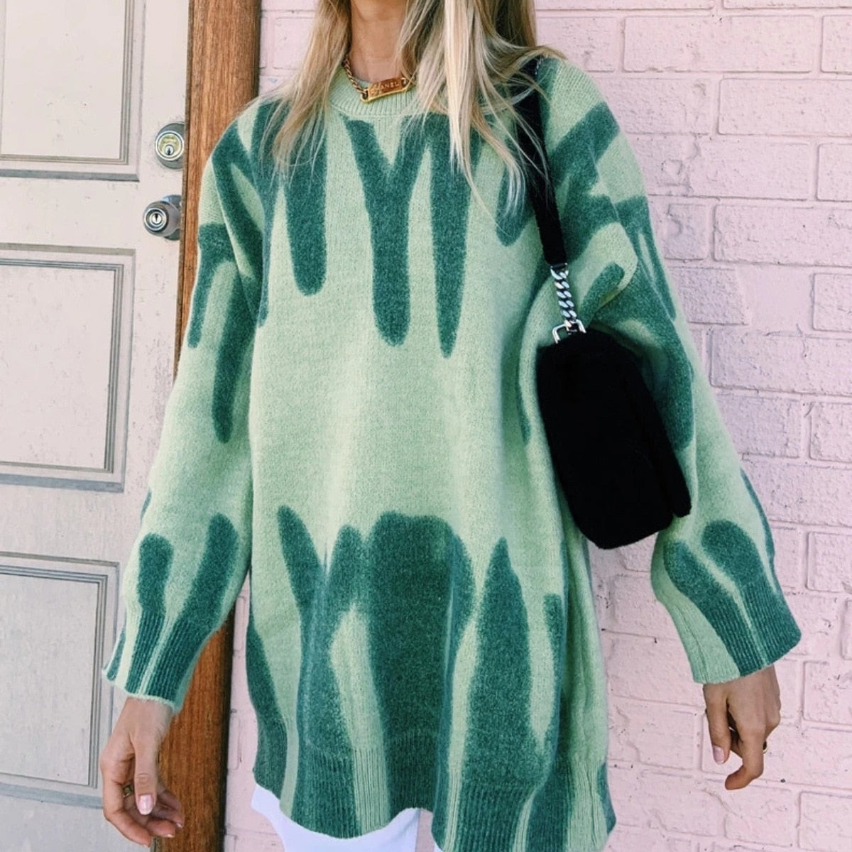 Chicmy Women Knitted Sweater Vintage Green Striped Print Sweater Oversized Pullovers Winter Streetwear Long Sweaters Tie Dye Outerwear