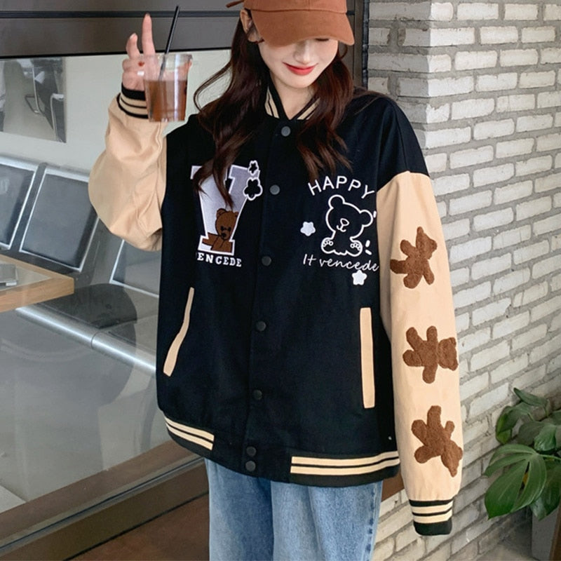 Chicmy Vintage Bear Embroidery Baseball Uniform Women Single Breasted Splice Loose Jackets 2023 Korean Style Streetwear Casual Coats