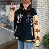 Chicmy Vintage Bear Embroidery Baseball Uniform Women Single Breasted Splice Loose Jackets 2023 Korean Style Streetwear Casual Coats