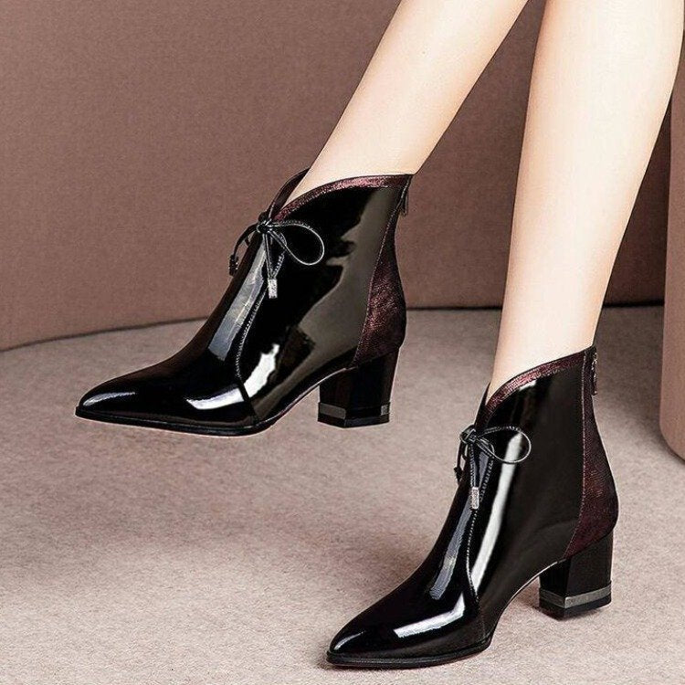 Christmas Gift Chicmy Woman Pointed Toe Lace Up Low Heels Ankle Boots Women's Patent Leather Short Boots Mixed Color Female Ladies Zip Shoes