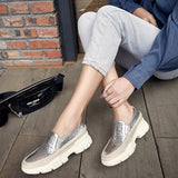 Chicmy Causal Loafers Metal Sheepskin Women Flats Slip On Ladies Simple Shoes Silver Color Platform Footwear