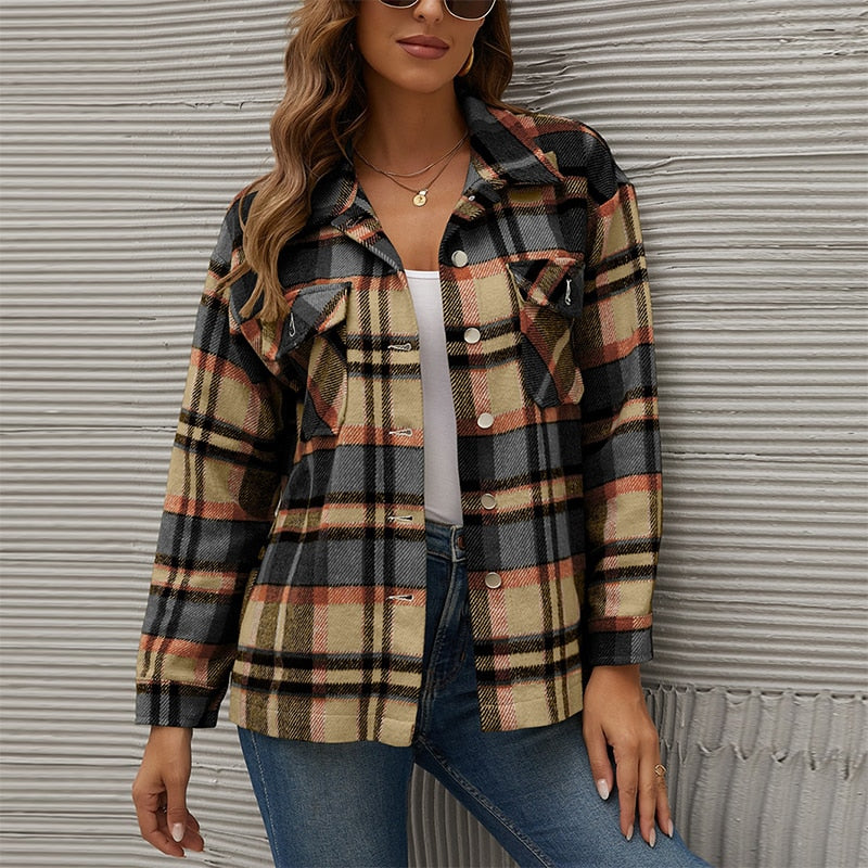 Chicmy Winter Plaid Shirt Jacket For Women Checkered Jacket Coat Casual Long Sleeve Thick Overshirt Turn Down Collar Fashion Outerwear