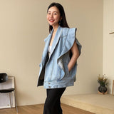 Chicmy Harajuku Ruffles Oversize Denim Jacket Fashion Sleeveless Large Size Vest Tops Chic Streetwear Jeans Coat Single Breasted Jacket