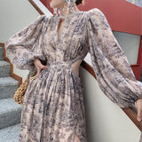 Chicmy Vintage Beach Floral Maxi Dress Women Elegant Hollow Out Korean Holiday Split Dress Female Casual Long Sleeve Fairy Party Dress