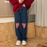 ChicMy-Fall Outfits  Casual Street Vintage Love Plaid Print High Waist Straight Washed Jeans Autumn Winter Sweet Girls Denim Pants Women Clothing