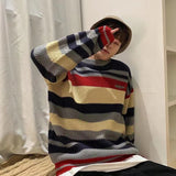 CHICMY Men's Japanese Pullover Round Neck Color Matching Coats Striped Wool Sweaters Loose Lazy Style Retro Cashmere Knitting