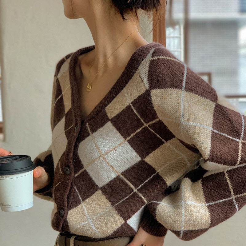 Chicmy Fall Women Clothing Oversize Womens Sweaters Autumn Vintage Loose Winter Sweater Knitted Women Cardigan Knit Button Rhombus