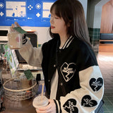 Chicmy Casual Love Print Bomber Jacket Autumn Women Round Collar Pocket Spliced Baseball Jackets Korean Style Streetwear Loose Coats