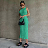 Chicmy Summer Women Jumper Dresses Y2k Solid Color Round Neck Sleeveless Form-Fitting Long Knit Sexy Retro Dress For Girls