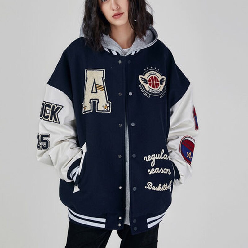 Chicmy Hip Hop Letters Embroidery College Jackets Mens Patchwork Color Block Harajuku Bomber Jacket Women Baseball PU Leather Coats