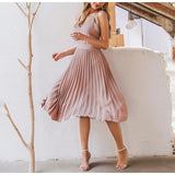 Chicmy Summer Strap Pleated Dress Women Vintage Sexy V-Neck Backless Midi Dress Elegant Franch Bodycon A-Line High Waist Party Vestidos