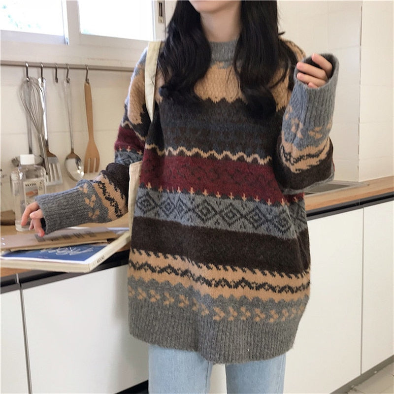 Chicmy Vintage Sweater Women Knitted Pullovers Winter Striped Jumper Casual Oversized Sweaters Ladies Long Sleeve Knitwear Warm Tops