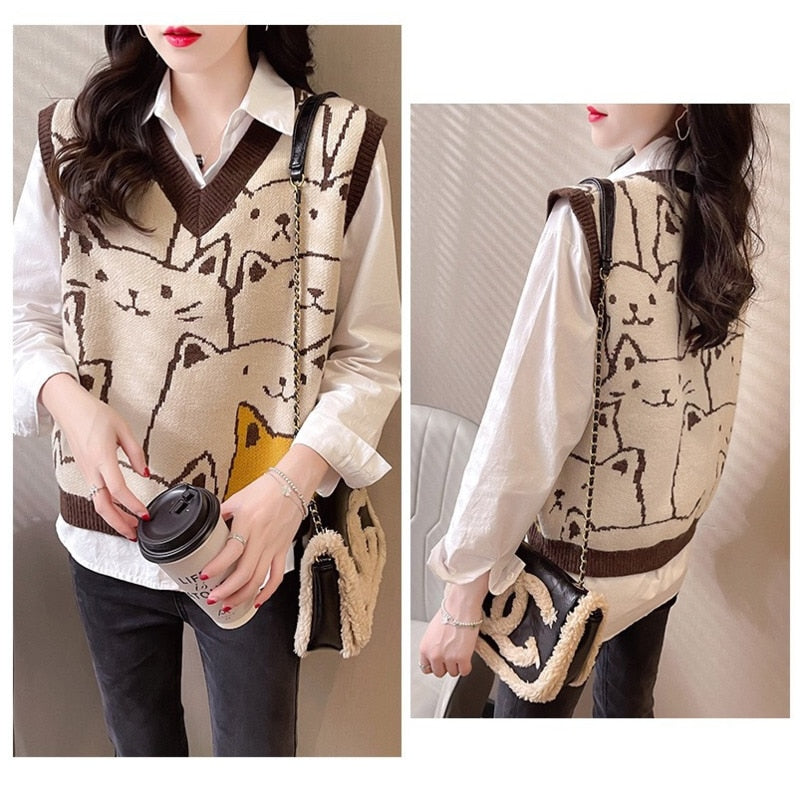Chicmy Knitted Sweaters Women Fashion 2023 Autumn Winter Casual Pullovers V-Neck College Style Cat Print Streetwear Knit Vest Sweater