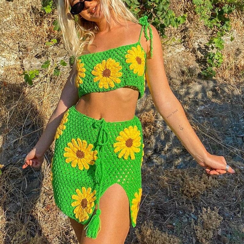 Chicmy Summer Knitted Suit Floral Crochet Crop Cami Top And High Waist Split Skirt Beach Vacation Y2K Two Piece Set Women Outfits