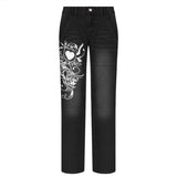 ChicMy-Fall Outfits  Street Gothic Jeans Women Y2K Print Spring Autumn Low Waist Long Trousers Casual Denim Pants Simple Female Buttons Bottoms