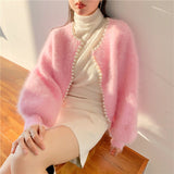 Chicmy Sweater Mink Cardigans Women Winter Jacket Coat Solid White Pink Overcoat Fashion Soft Lantern Sleeve Pearl Beaded Sweater Coat