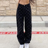 Chicmy 2023 New Harajuku Jeans Women Patchwork Jeans Female Streetwear Checkered Korean Style Wide Leg Pants Straight Plaid Trousers