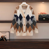 Chicmy Knitted Cardigan For Women Autumn Winter Retro Argyle Cardigan Sweater Oversized Loosev-Neck Woman Sweaters Jacket New Top Femme