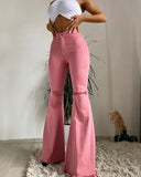 Chicmy Women Denim Flared High-Waisted Button Holes Ripped Bodycon Bell-Bottoms Trousers Solid Tight Summer Clothing Hollow Decoration