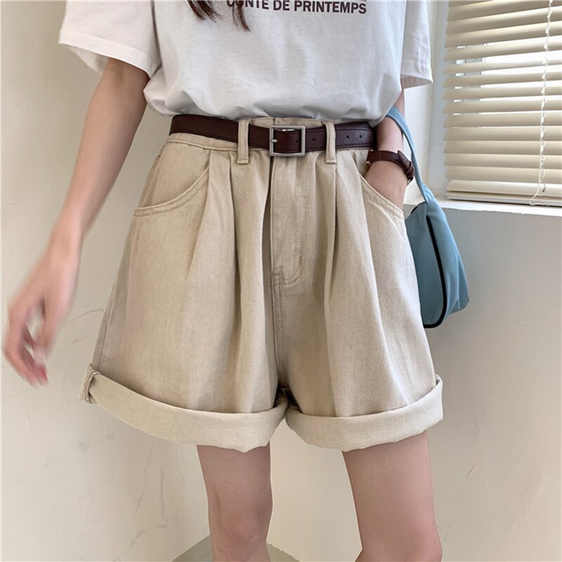 Chicmy Vintage Rolled Women's Denim Shorts 2023 New High Waist Shorts Casual Loose Fashion Wide Leg Apricot Short Jeans Girl