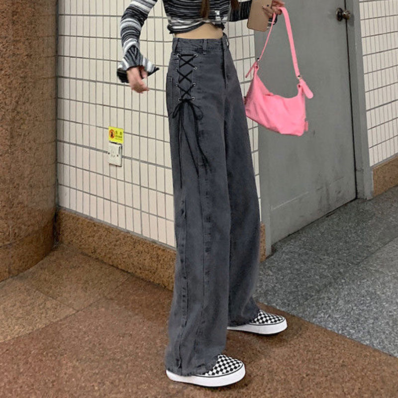 Chicmy Fashion Gothic High Waist Jeans Women Chic Side Lace Up Wide Leg Denim Pants Female Harajuku Y2K Streetwear Straight Trousers