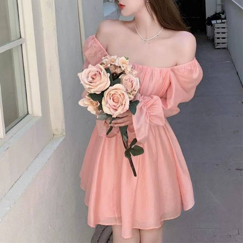 Chicmy Pink Sweet Elegant Princess Dress Women Casual Korean Slim Long Sleeve Fairy Dress Female Backless Design Vintage Dress 2023 New