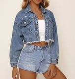 ChicMy-Fall Outfits  Women's Denim Cropped Jacket Autumn Fashion Single Breasted Short Jeans Jacket Female Streetwear Casual Pockets Long Sleeve Coat