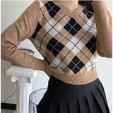 ChicMy-Fall Outfits  Autumn Plaid Knitted Crop Sweater Women V-Neck Long Sleeve Pullovers Casual Short Sweater Top Loose Warm Pull Femme