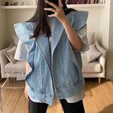 Chicmy Harajuku Ruffles Oversize Denim Jacket Fashion Sleeveless Large Size Vest Tops Chic Streetwear Jeans Coat Single Breasted Jacket