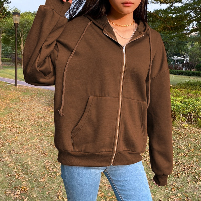 Chicmy Brown Y2K Aesthetic Hoodies Women Vintage Zip Up Sweatshirt Winter Jacket Clothes Pockets Long Sleeve Hooded Pullovers