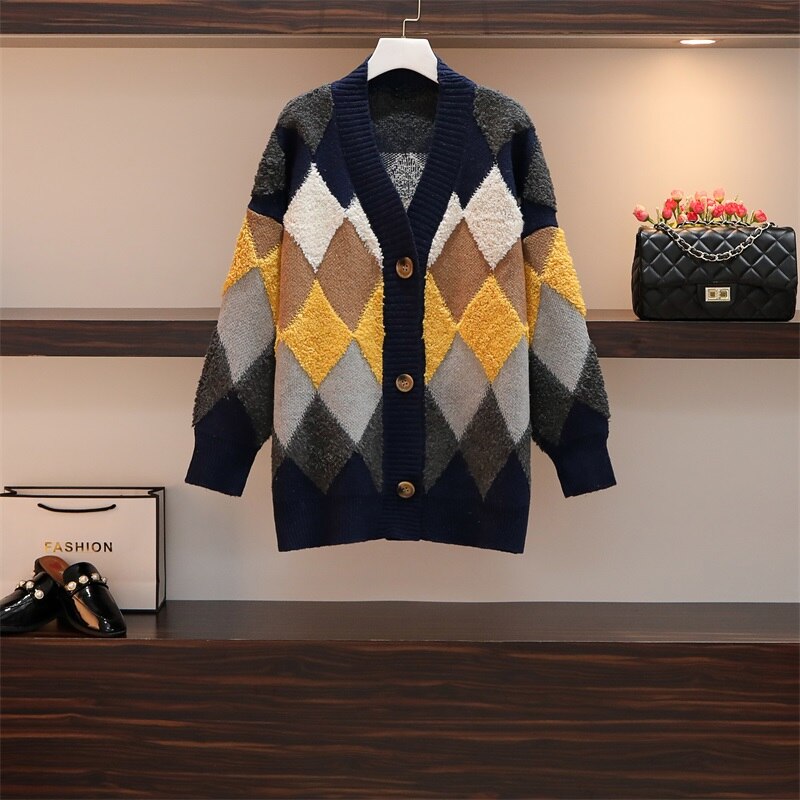 Chicmy Knitted Cardigan For Women Autumn Winter Retro Argyle Cardigan Sweater Oversized Loosev-Neck Woman Sweaters Jacket New Top Femme