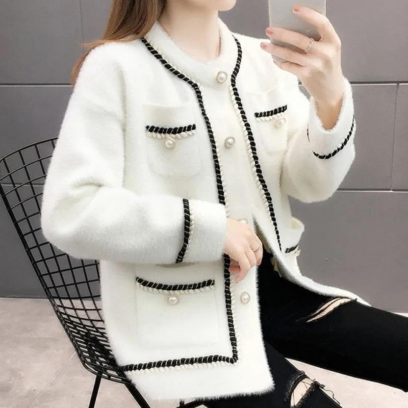 Chicmy Winter Cashmere Cardigan For Women Mink Knitted Sweater Retro O Neck Cardigan Coat Casual Loose Korean Knitwear Jersey Mujer