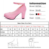 Christmas Gift Chicmy Women Fashion Flock Pumps Ladies Sweet Thick High Heels Shoes Female Ankle Strap Suede Mary Jane Woman Party Casual Footwear