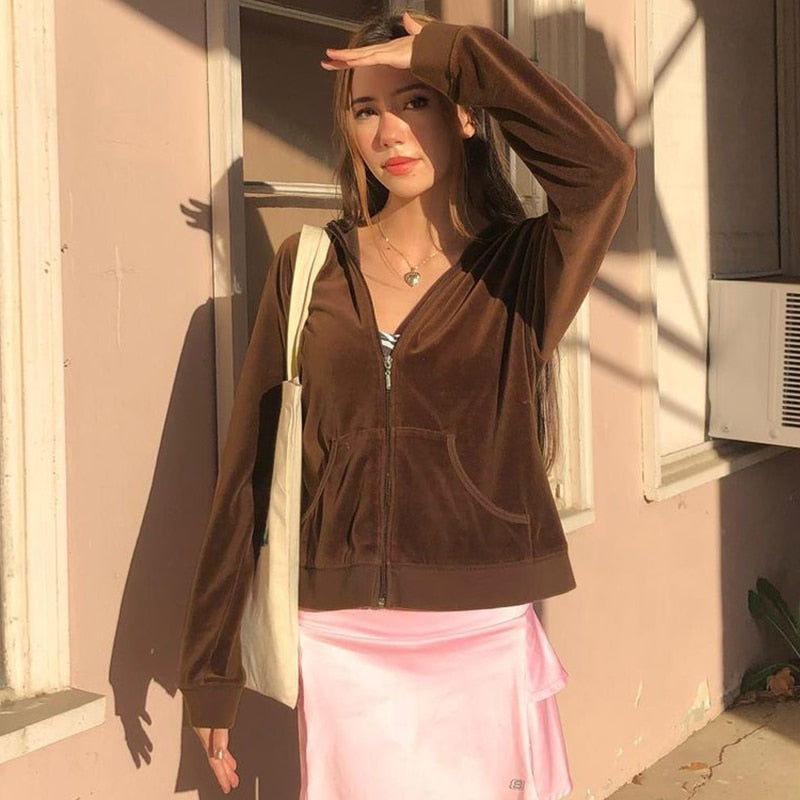 Chicmy 90S Y2K Hoodies Brown Oversized Velvet Zipper Front Long Sleeve Sweatshirts Wth Pockets Hooded Women Clothing