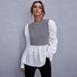 Chicmy Women Shirt Spring Fashion Houndstooth Shirt Casual Stitching Tops  Female Long Sleeve Plaid Shirt Chic Office Ladies Blouses