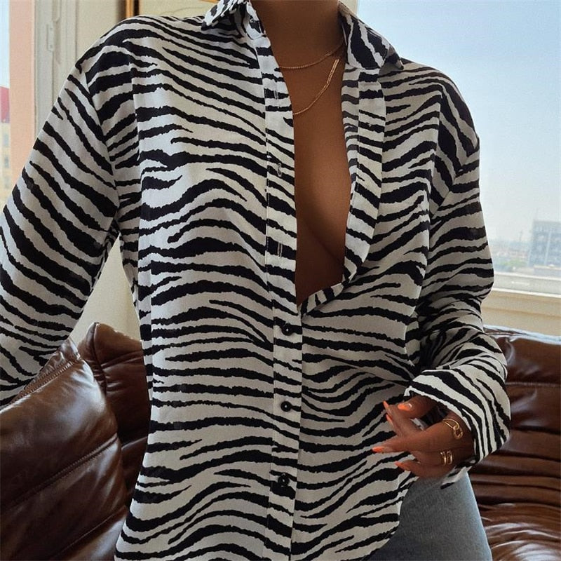 Chicmy Fashion Women's Shirts Button Down Lapel Abstract/Zebra Print Long Sleeve Loose Shirt Femme Tops Autumn New