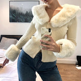 Chicmy Women's Button Down Cardigan Casual Long Sleeve V Neck Faux Fur Trim Slim Fit Sweater Sexy Women's Fur Collar Knitted Jacket Top