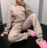 Chicmy New Diamante Rhinestones Letter Activewear Hooded Tops Long Pant 2 Piece Winter Outfits Embellished Casual Tracksuit
